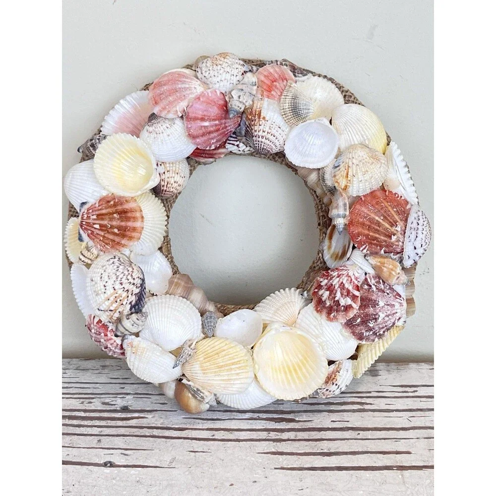 Vintage Nautical Hand Made Sea Shell Art Circular Wreath Frame 9” / Beach Home
